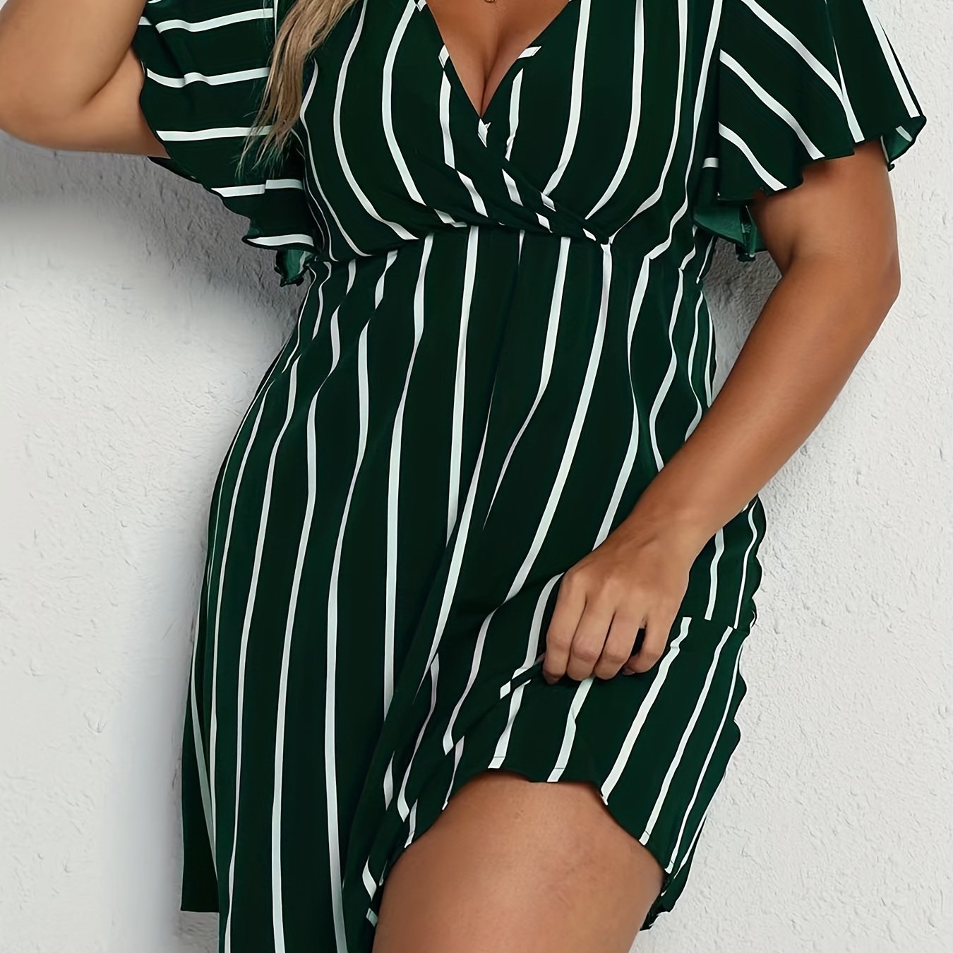  Stripe Print Short Sleeve Surplice Neck Dress