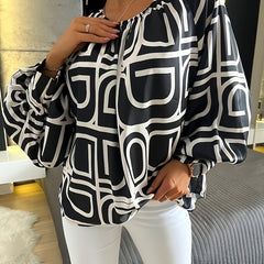  Geometric Print Lantern Sleeve Round Neck Top