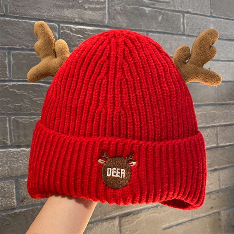 Antlers Fleece Warm Knit Hat Cold Proof Poop Beanie Hat