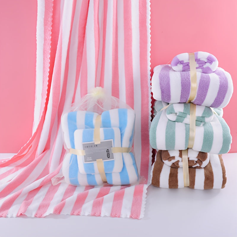 2pcs Striped Towel Set Soft Comfortable Hand Towel Bath Towel Absorbent Towels