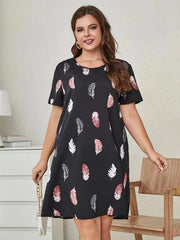  Feather Print Short Sleeve Tee Dress