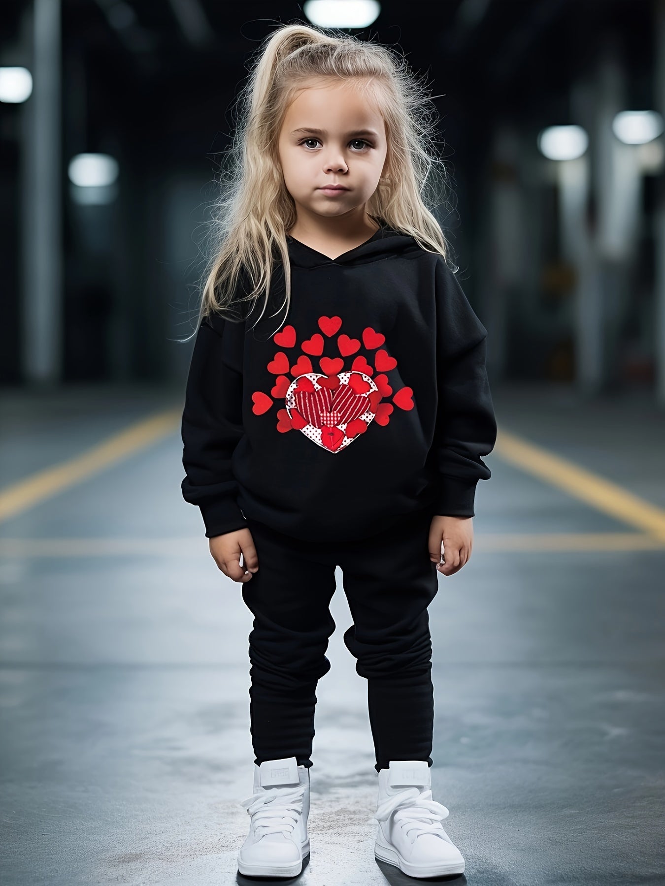 Girls 2pc Hearts Pattern Hooded Sweatshirt & Solid Sweatpants Set