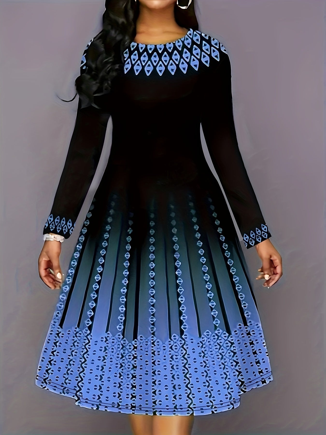  Women's Geo & Ombre Print Long Sleeve Round Neck A line Formal Dress