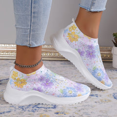 Women's Floral Sock Shoes Rhinestone Decor Slip On Sneakers