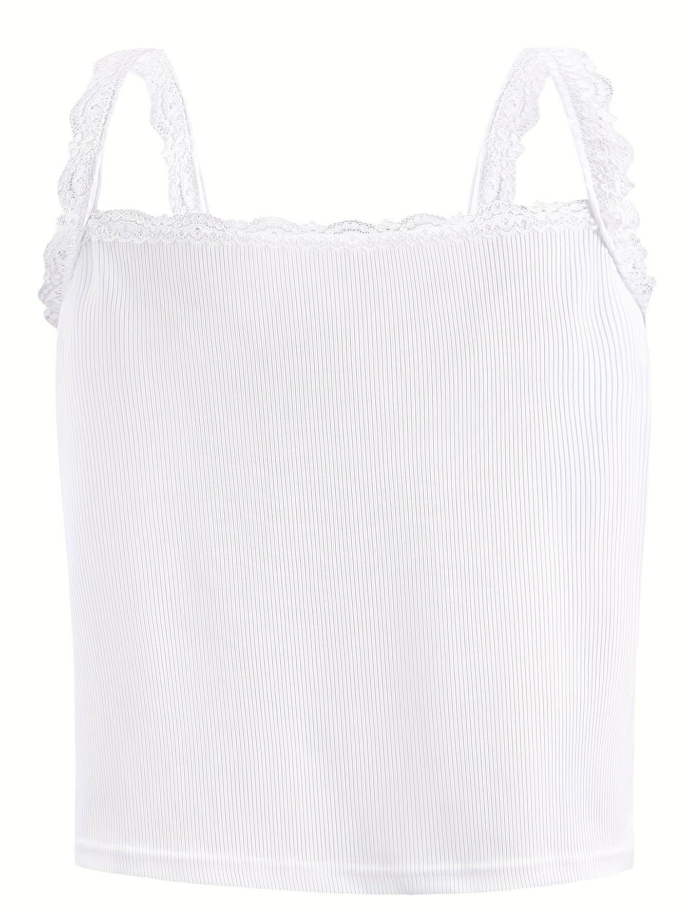  Solid Ribbed Lace Trim V Neck Cami Top