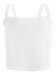  Solid Ribbed Lace Trim V Neck Cami Top