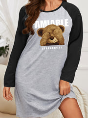  Cartoon Bear Print Raglan Sleeve Round Neck Tee Sleep Dress