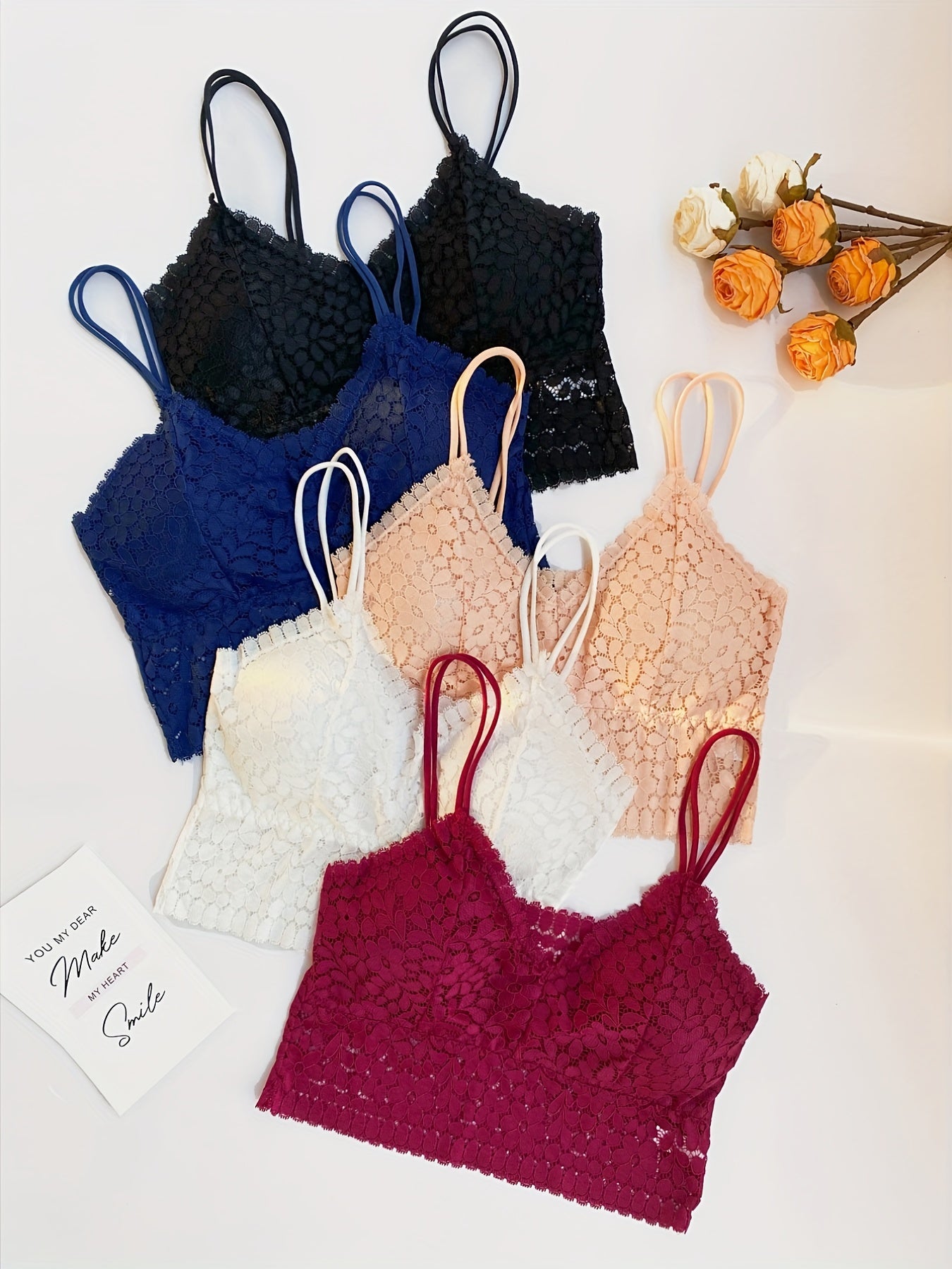 5pcs Floral Lace Bralettes Lightweight Everyday Bra Women's Lingerie