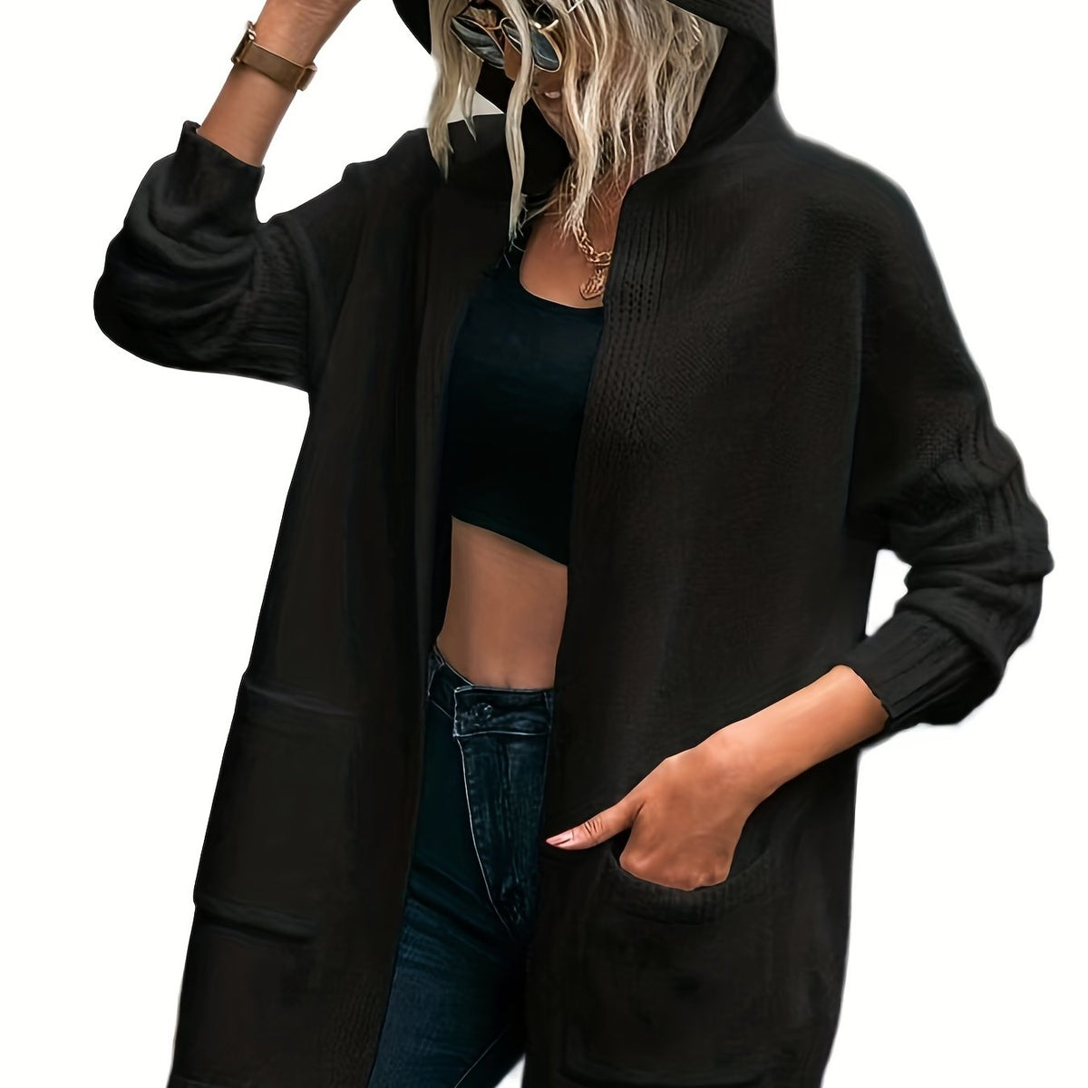  Open Front Hooded Cardigan with Pockets