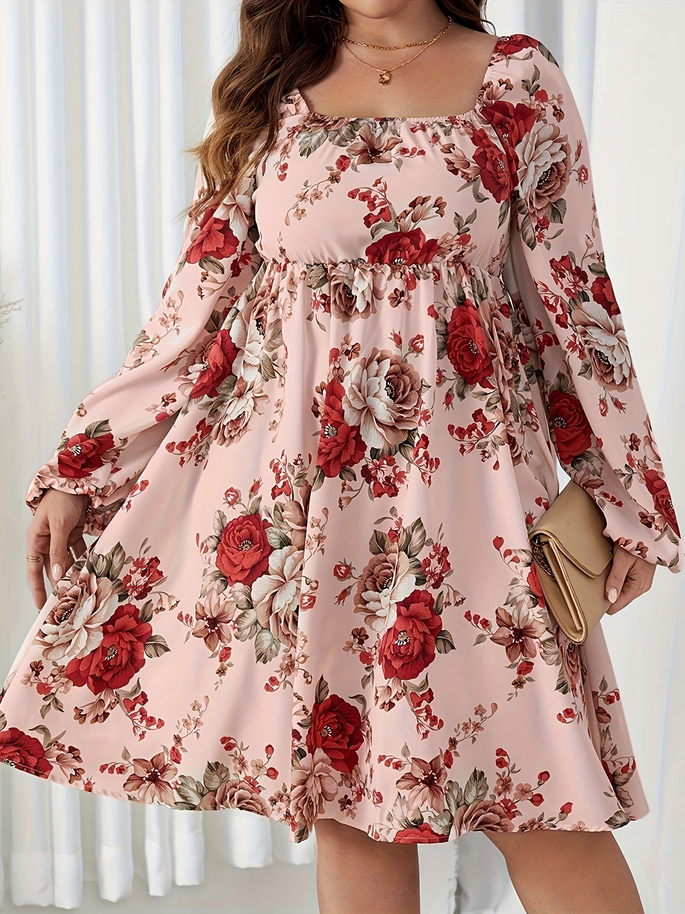  Floral Print Lantern Sleeve Square Neck Dress