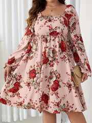  Floral Print Lantern Sleeve Square Neck Dress