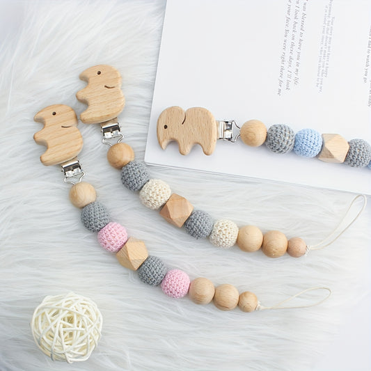Baby Pacifier Chain Elephant Wooden Pacifier Clip Geometric Crochet Beads