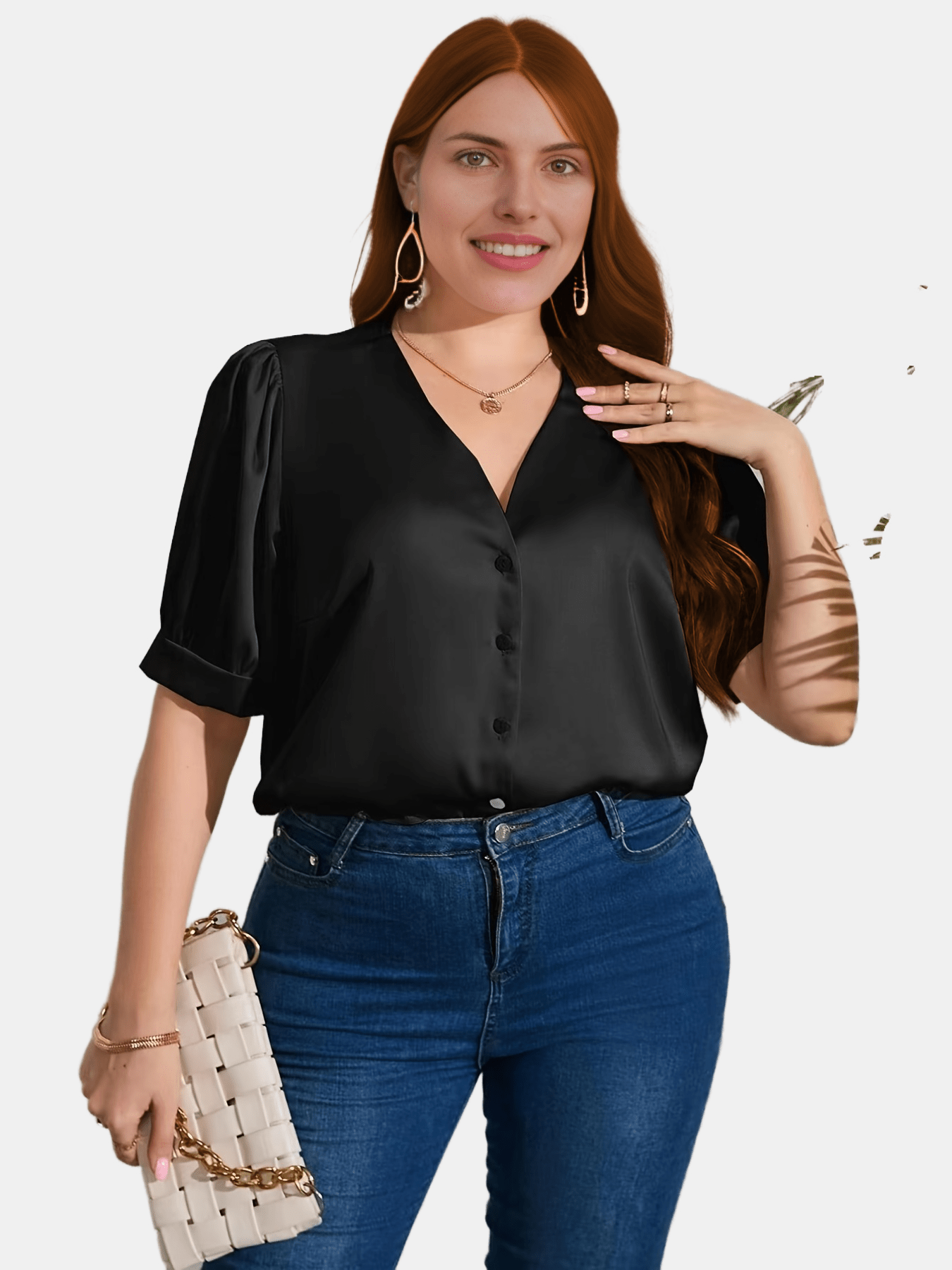  Satin Puff Sleeve V Neck Shirt Women's Plus