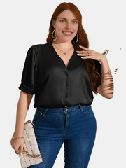  Satin Puff Sleeve V Neck Shirt Women's Plus