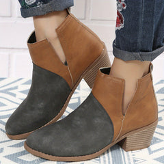 Women's Colorblock Block Heel Ankle Boots Round Toe V-cut Slip On Mid Heels