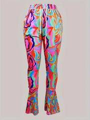  Casual Pants Women's Plus Contrast Print Flared Leg Trousers