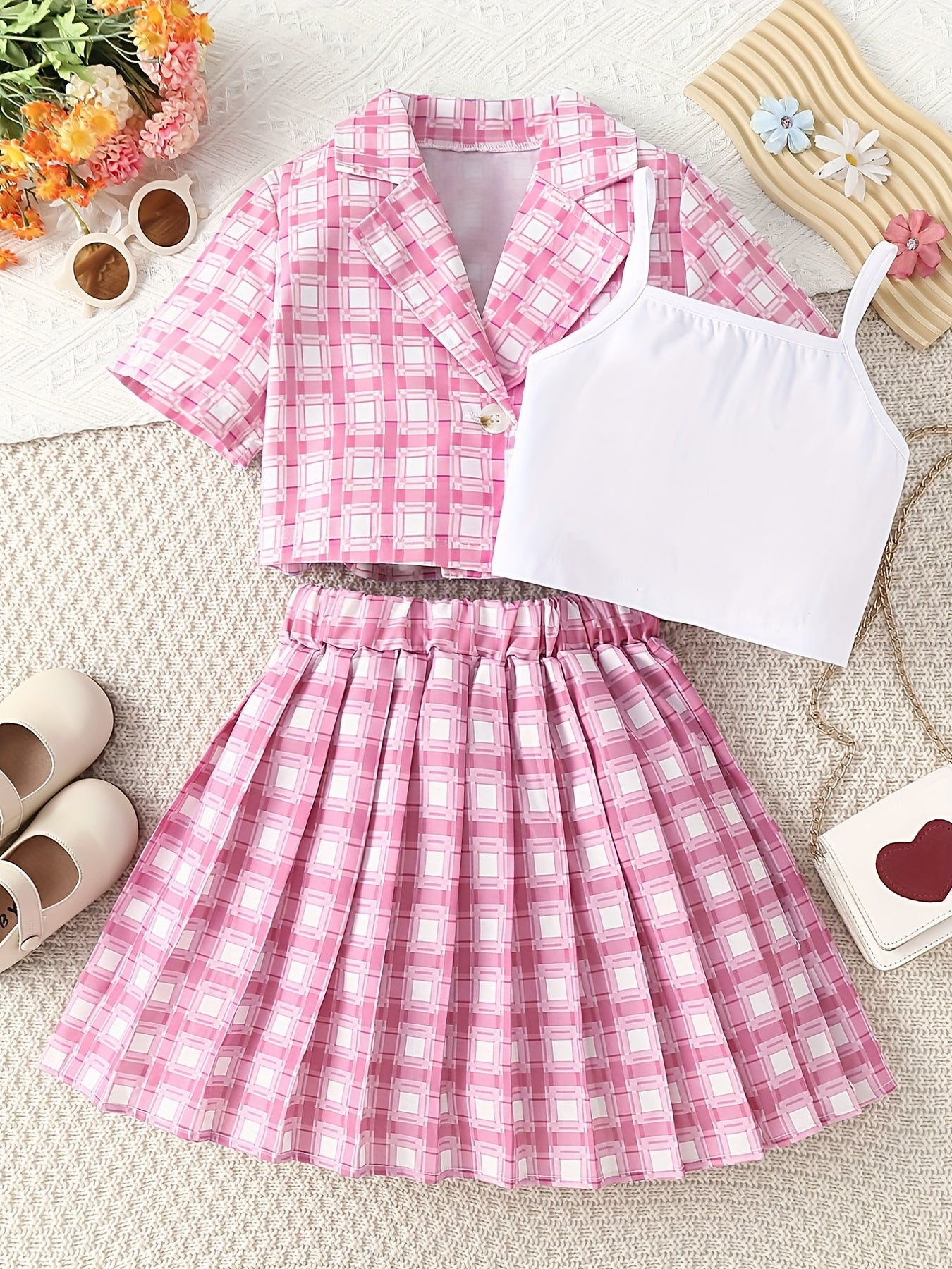 Girls Plaid Print Button Blouse & Pleated Skirt 2 Piece Set