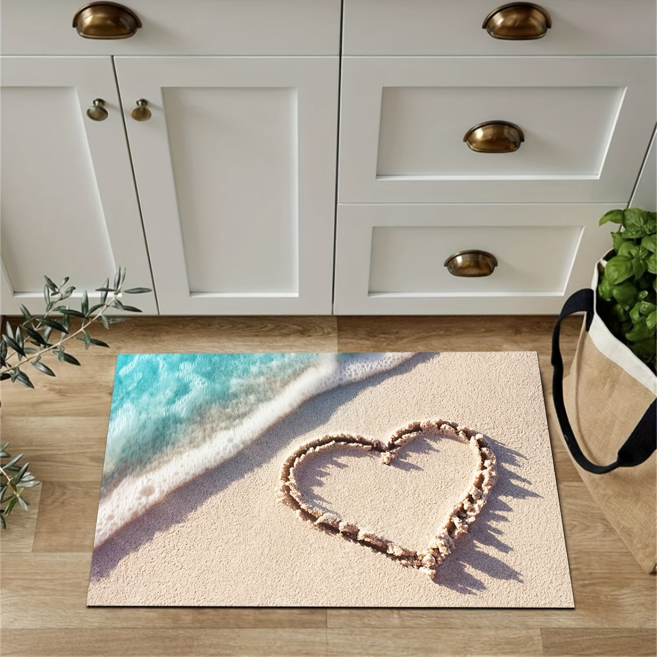 Romantic Wave & Heart Print Rug - Machine Washable Kitchen Carpet