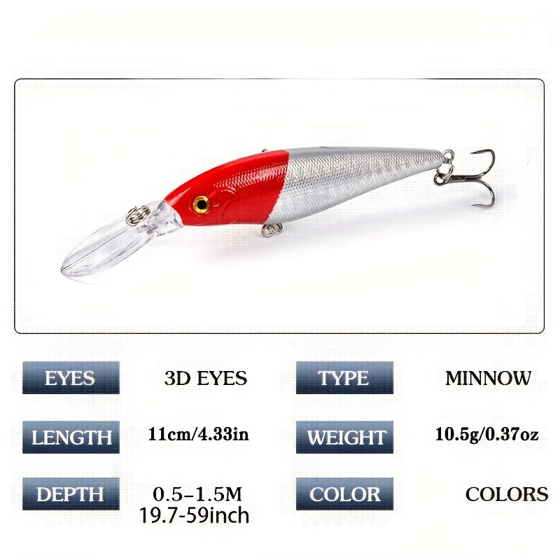 Floating Minnow Fishing Lure Long Tongue Crankbait Treble Hooks Bass Pike Tackle