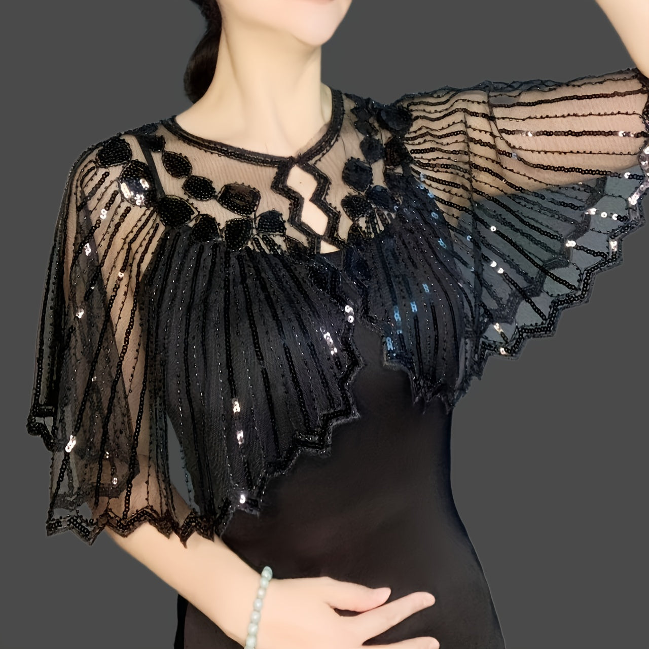 Sequin Beaded Embroidery Shawl Vintage Flapper Cape Mesh Dress Shawl