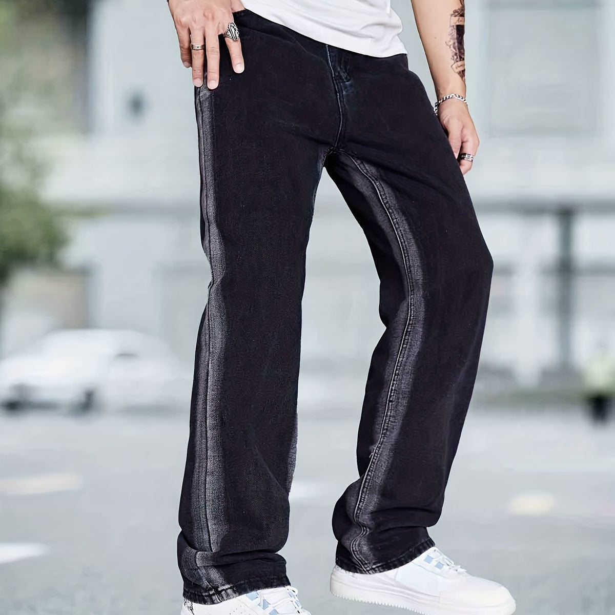 Men's Casual Distressed Straight Leg Jeans with Pockets