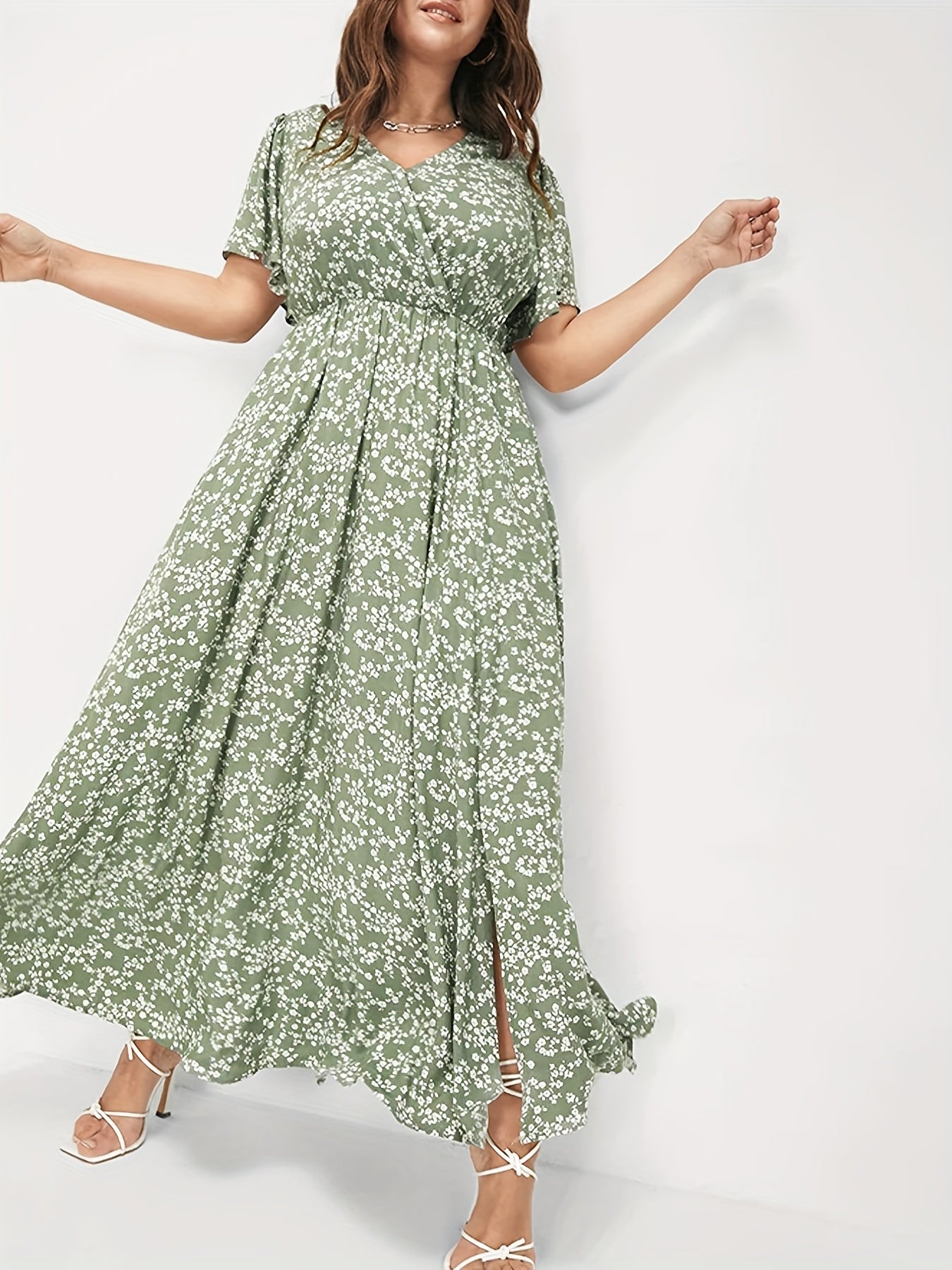  Boho Dress Floral Print Ruffle Sleeve Maxi Dress