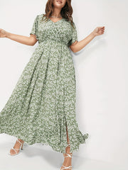  Boho Dress Floral Print Ruffle Sleeve Maxi Dress