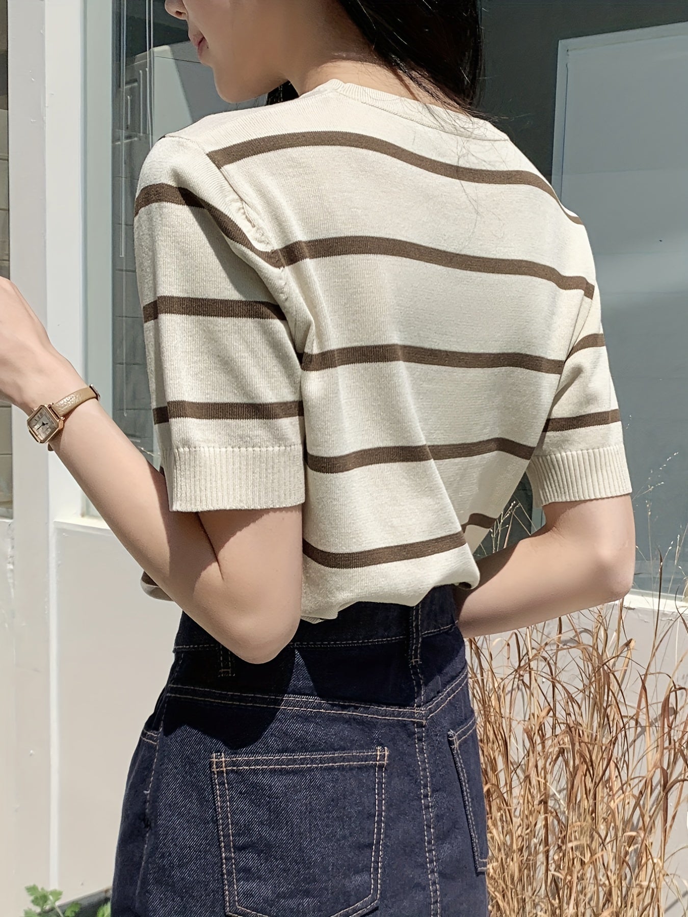 Stripe Print Knitted Pullover Top Short Sleeve Crew Neck