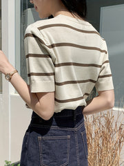 Stripe Print Knitted Pullover Top Short Sleeve Crew Neck
