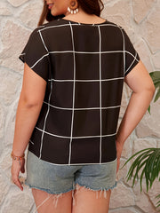  Grid Print Short Sleeve Blouse