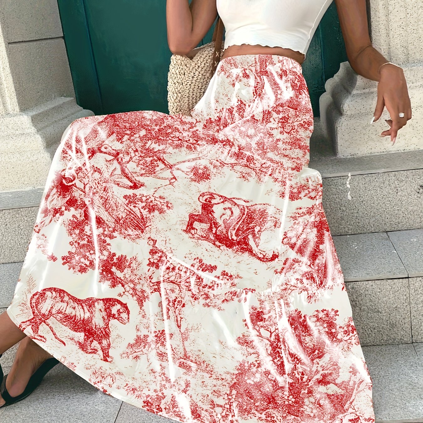 Plus Size Boho Skirt Women's Plus Painting Print Elastic High Rise Maxi Skirt