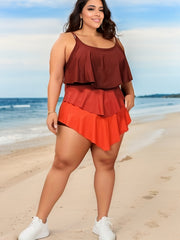  Modest Swimsuit Colorblock Ruffle Trim One Piece Bathing Suit