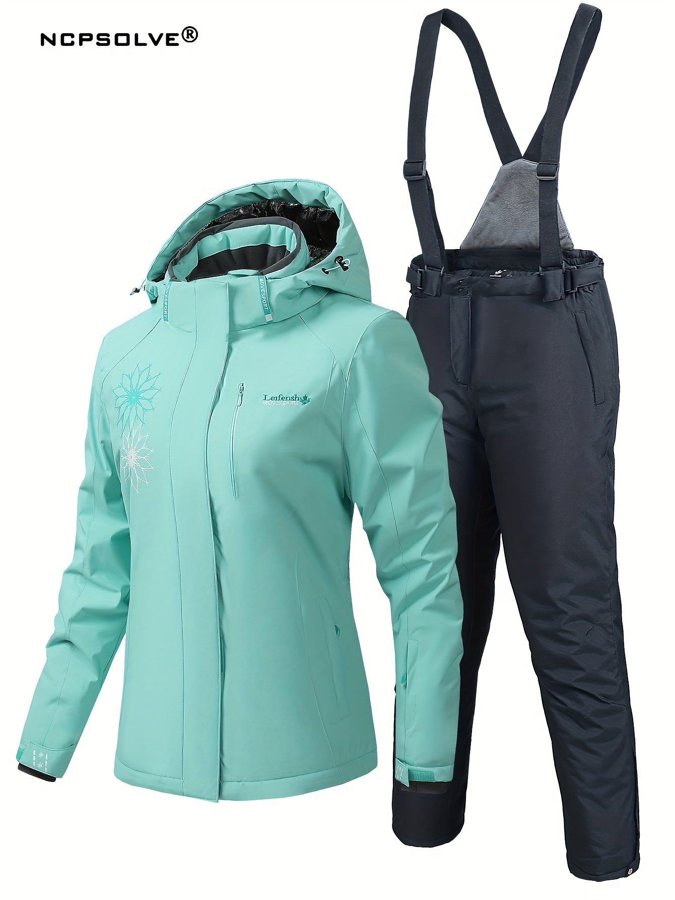 Snowflake Print Ski Set Long Sleeve Hooded Jacket & Suspender Trouser