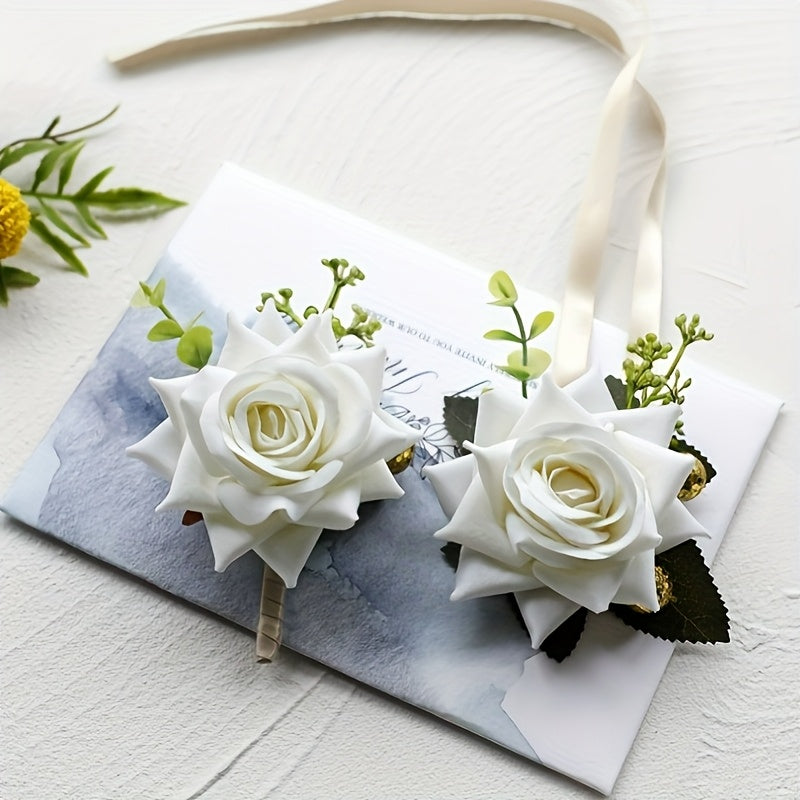 2pcs Bohemian Rose Corsage & Bracelet Set for Wedding & Party Decorations