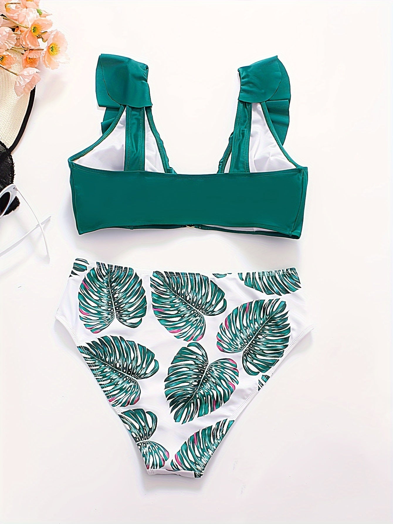  Vacay Bikini Set Solid V Wired Ruffle Trim Bra & Tropical Print Panty