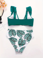  Vacay Bikini Set Solid V Wired Ruffle Trim Bra & Tropical Print Panty