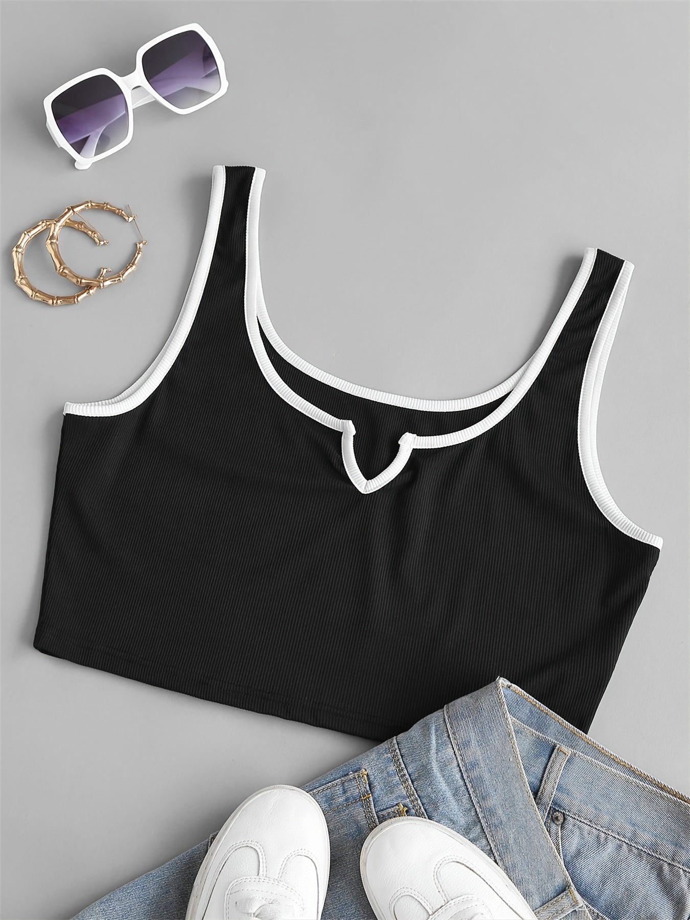  Y2K Colorblock Ribbed Notched Neck Crop Top Women's Plus