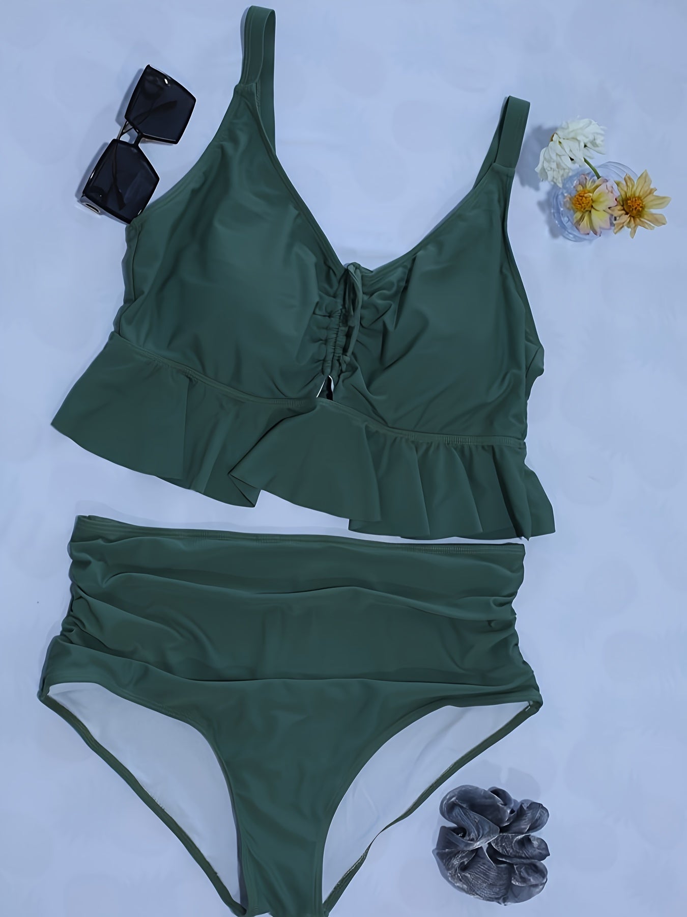  Lace Ruffle Trim Crop Cami Top & Panty Swimsuit Set