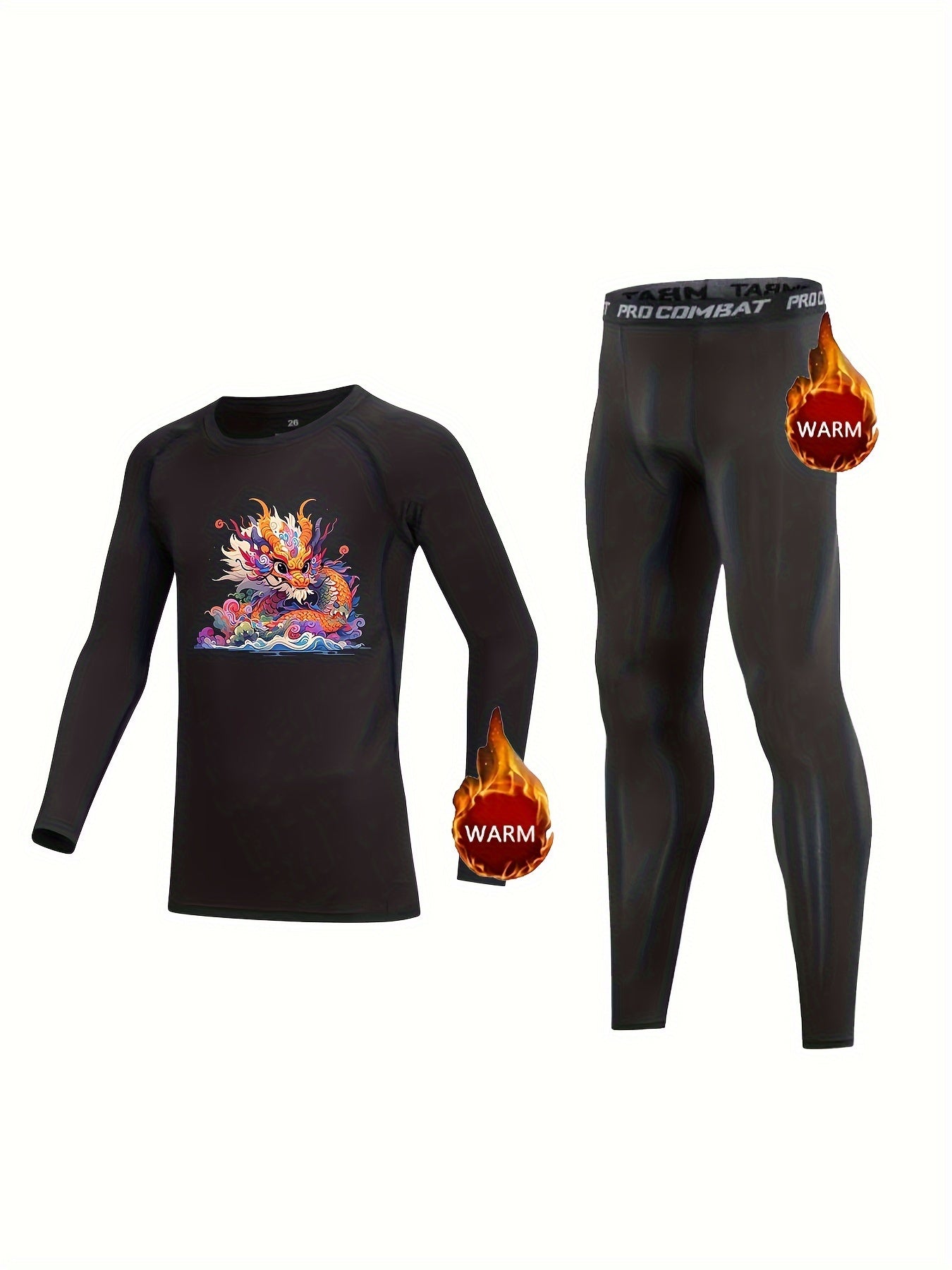 2pcs Kids Compression Fleece Sets Dragon Pattern Crew Neck Pullover and Pants
