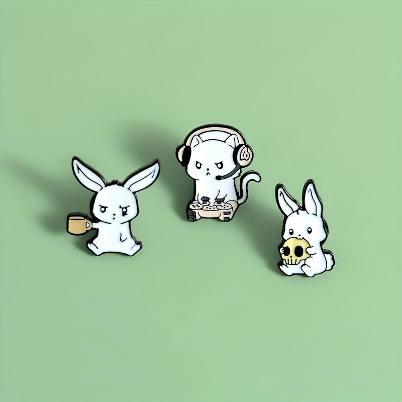Rabbit Cat Enamel Pins Eating Skull Drink Play Games Cartoon Brooches