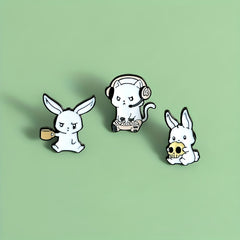 Rabbit Cat Enamel Pins Eating Skull Drink Play Games Cartoon Brooches
