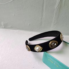 Baroque Rhinestone Faux Pearl Headband Wide Velvet Hair Band