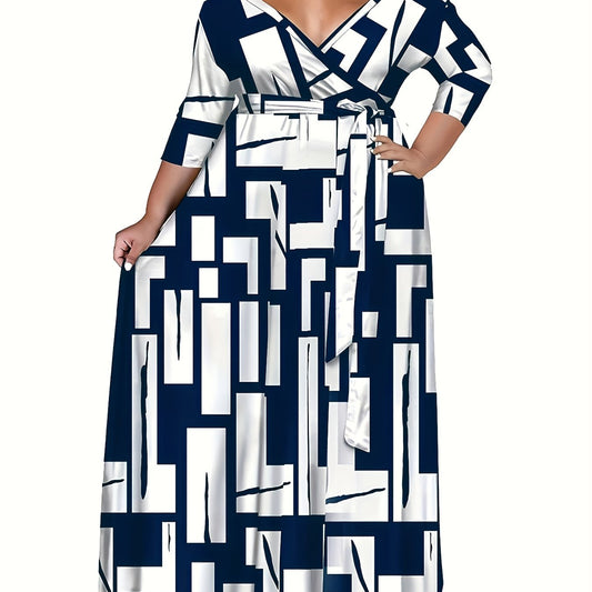 Plus Size Casual Geometric Print Maxi Dress with Belt