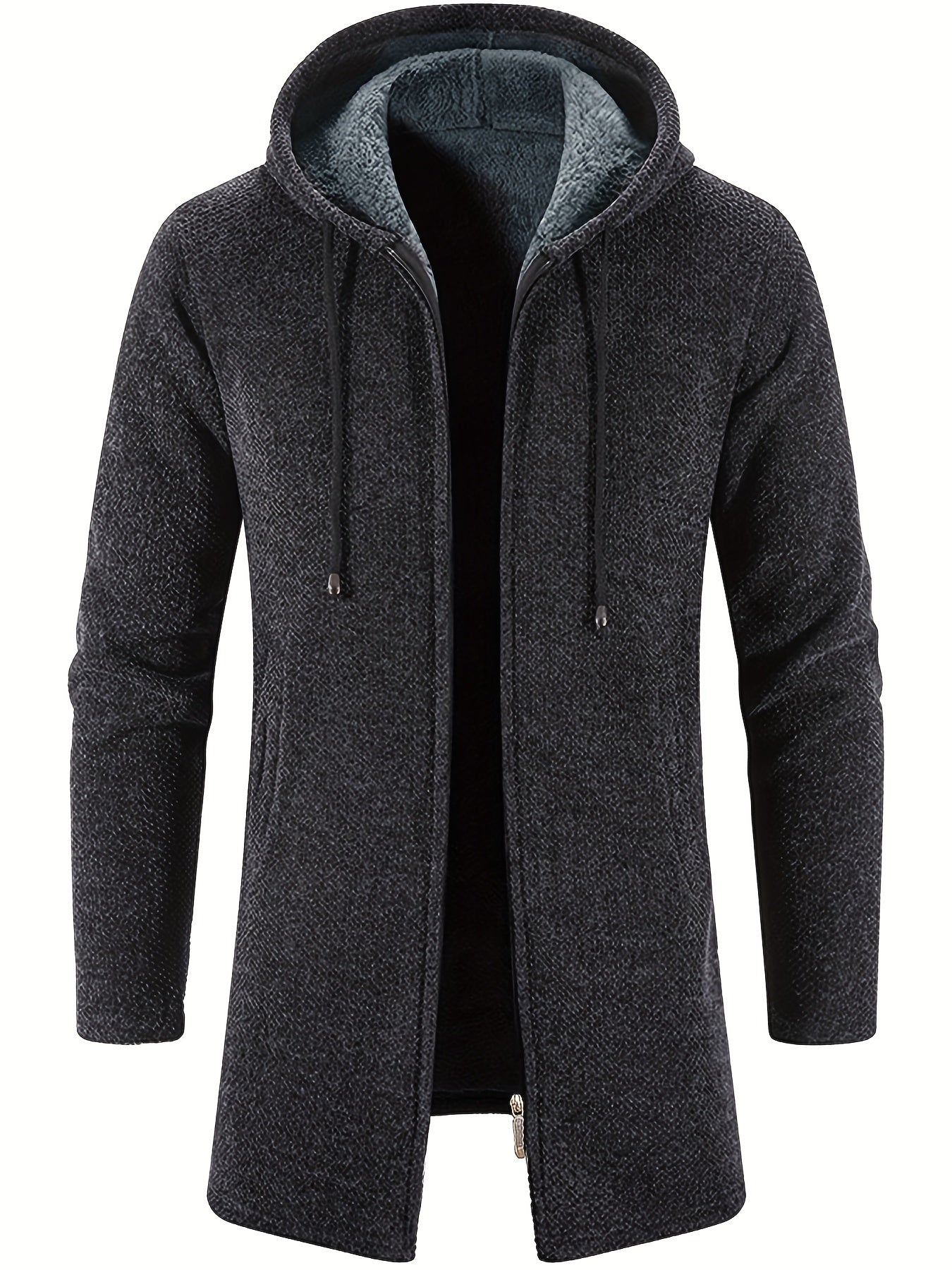 Plush Mid-length Jacket Men's Zip Up Hooded Jacket For Fall Winter