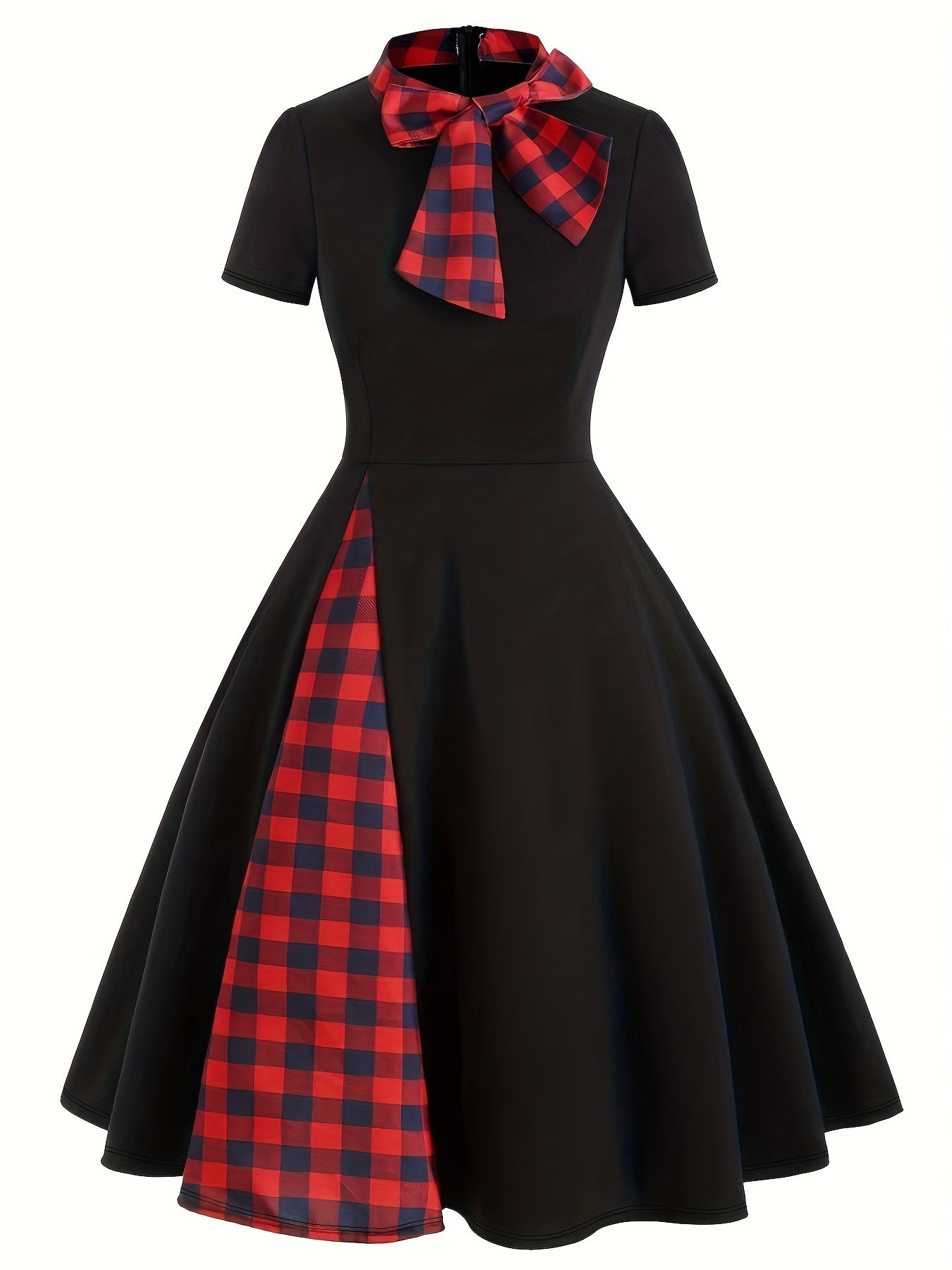  Colorblock Gingham Print Short Sleeve Dress