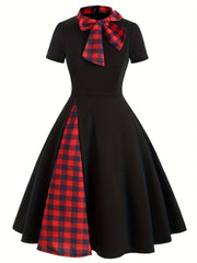  Colorblock Gingham Print Short Sleeve Dress