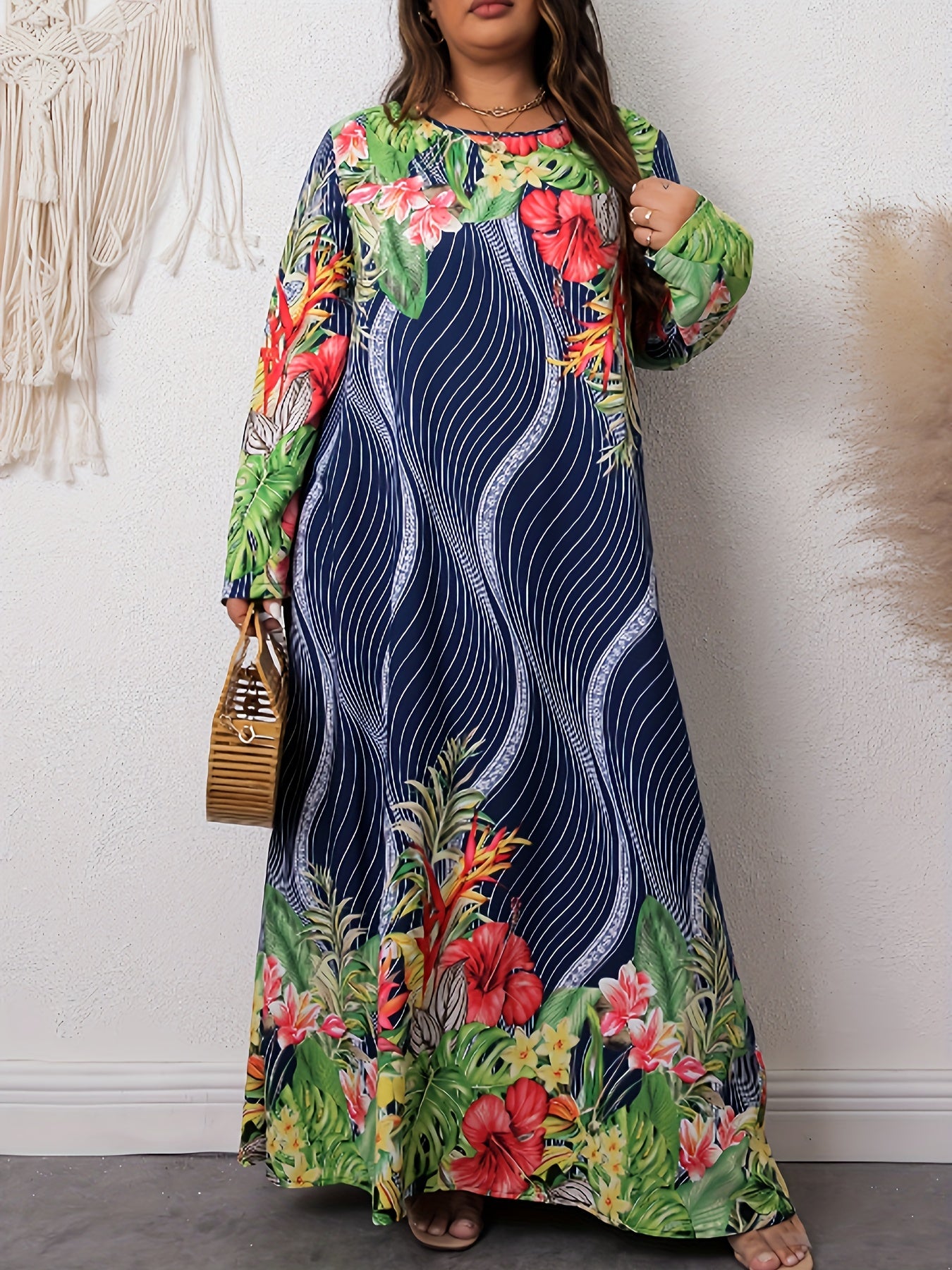  Stripe & Tropical Print Maxi Dress
