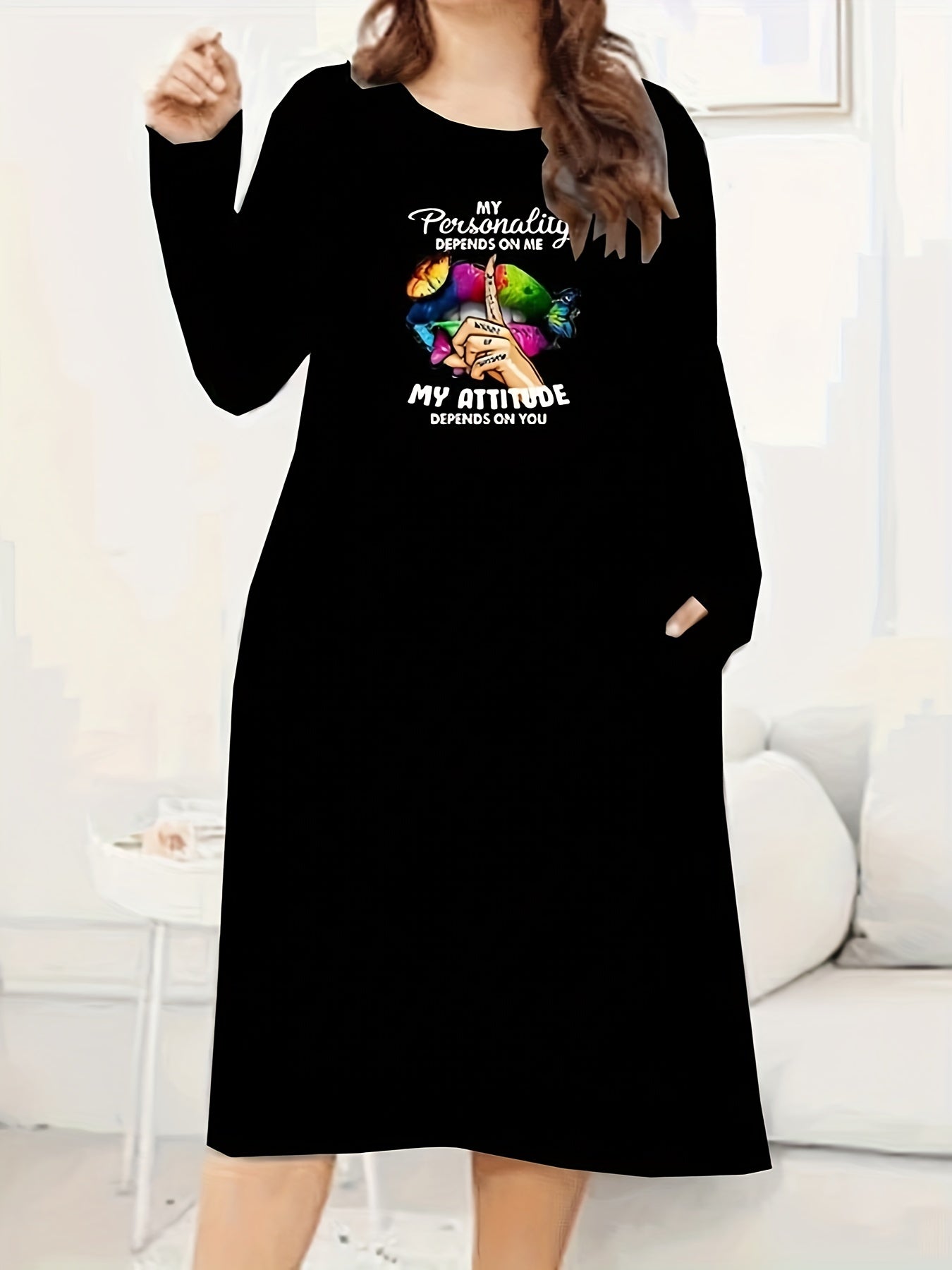  Abstract Lip & Slogan Print Long Sleeve Tee Dress