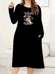  Abstract Lip & Slogan Print Long Sleeve Tee Dress