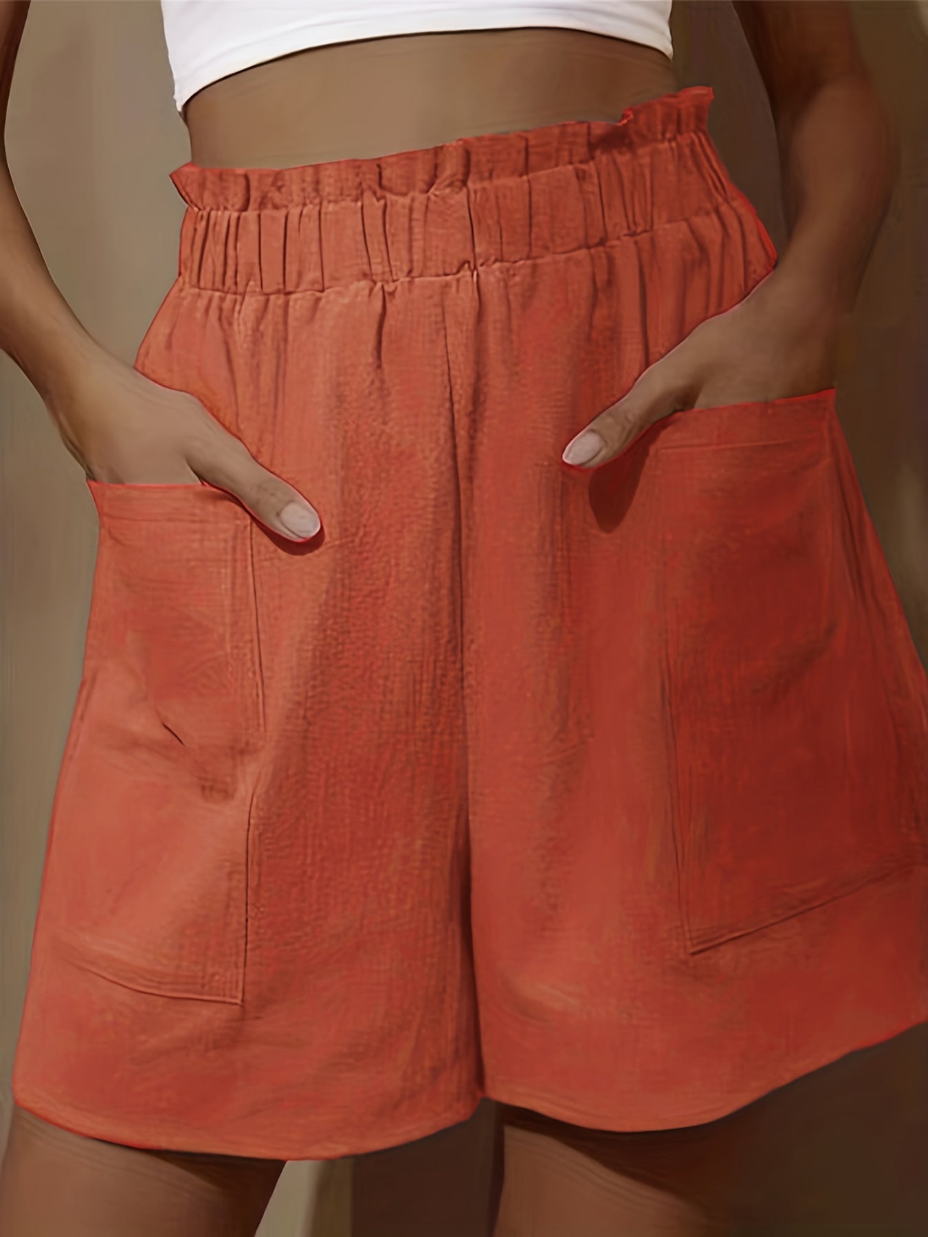  Casual Shorts Women's Plus Solid Paperbag Waist High Rise Shorts